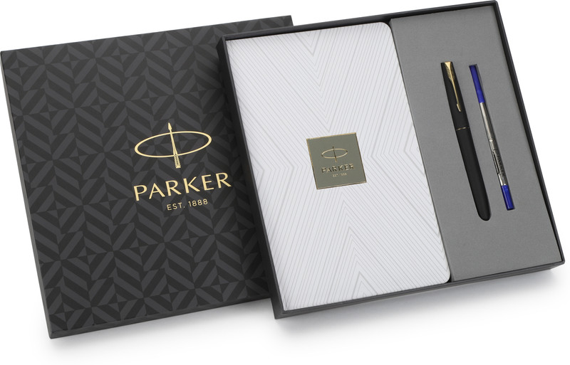 parker gift set note book frontier matte black gold trim roller ball pen