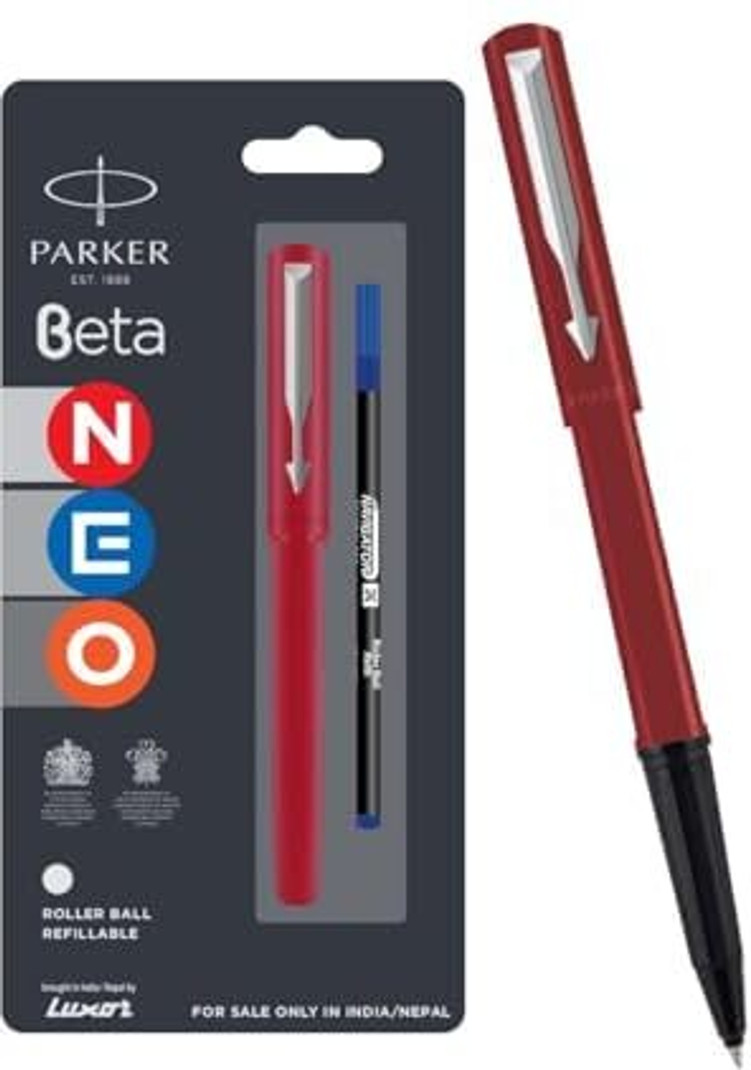 PARKER Beta Neo Chrome Trim Roller Ball Pen| Red Body Color| Roller Ball Pen Ink Color - Blue