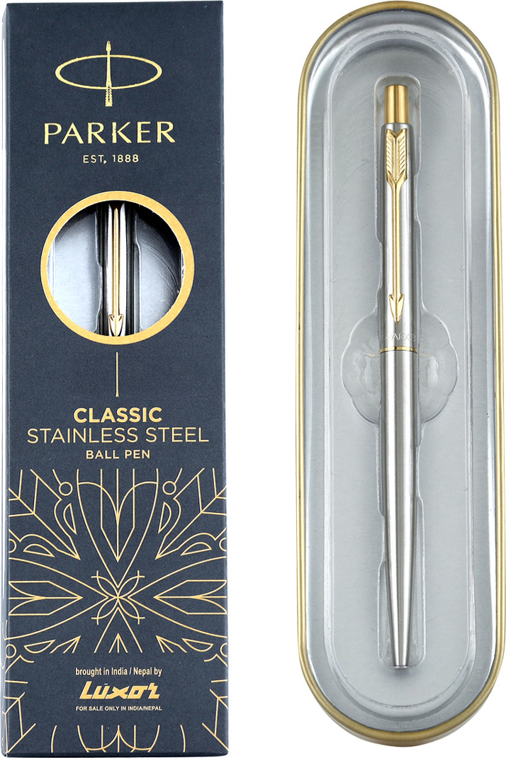 PARKER Classic Stainless Steel Gold Trim Ball Pen Ink Color - Blue