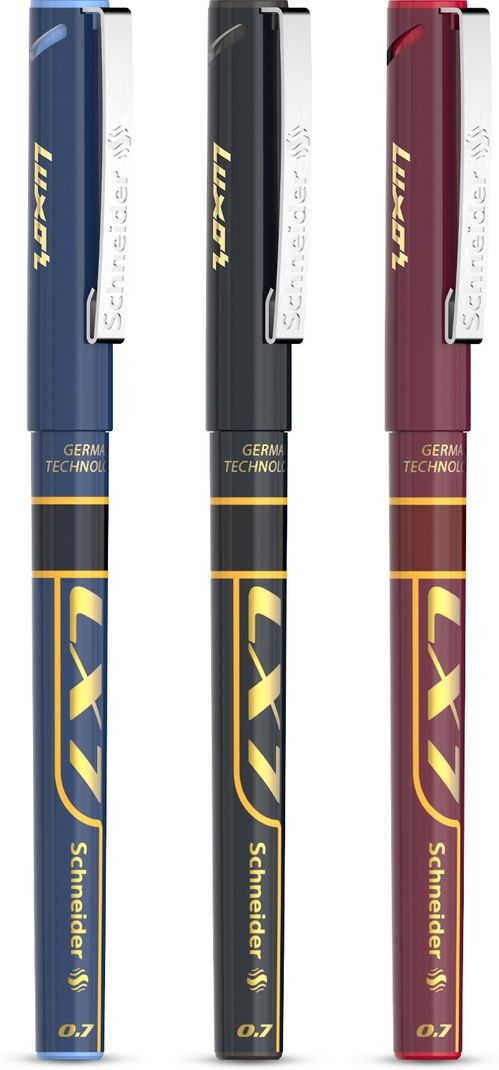 LUXOR Schneider LX7 Technoroller| 0.7 mm tip| German Technology| 100% Liquid Ink Roller Ball Pen (Pack of 3, Ink Color - Blue+Black+Red)