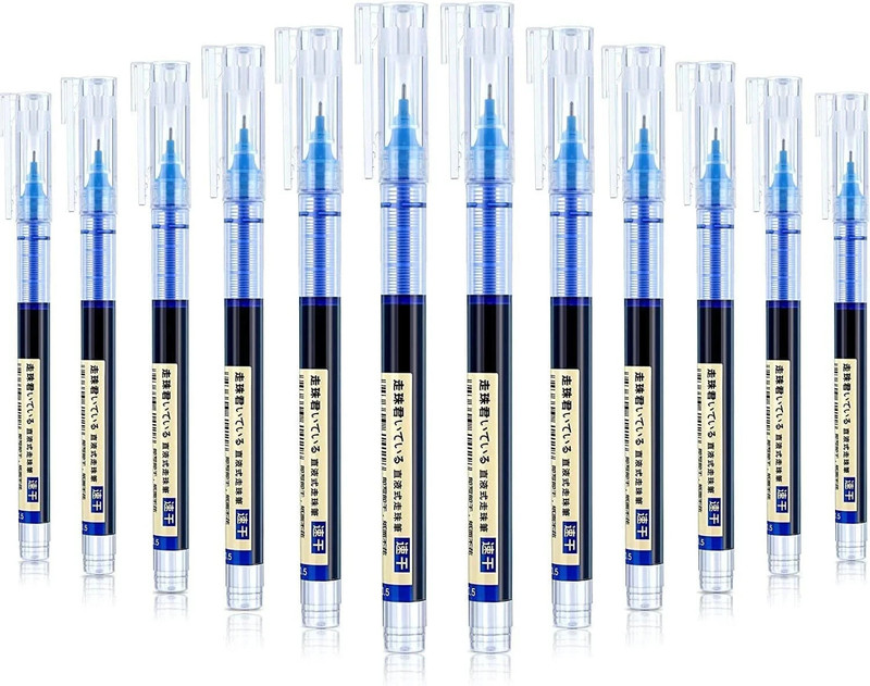 Like it Fine Roller Gel Pen 0.5mm Large Capacity Blue Color Ink Straight Liquid Gel Pen Pack of 12, Ink Color - Blue