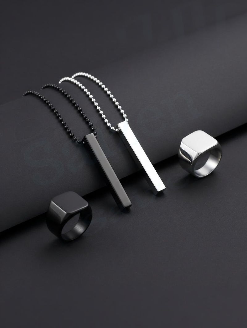 Saizen Silver & Black Minimal Bar Pendant Necklace and Ring Combo Set for Men Black Silver Stainless Steel Pendant Set - Image 5