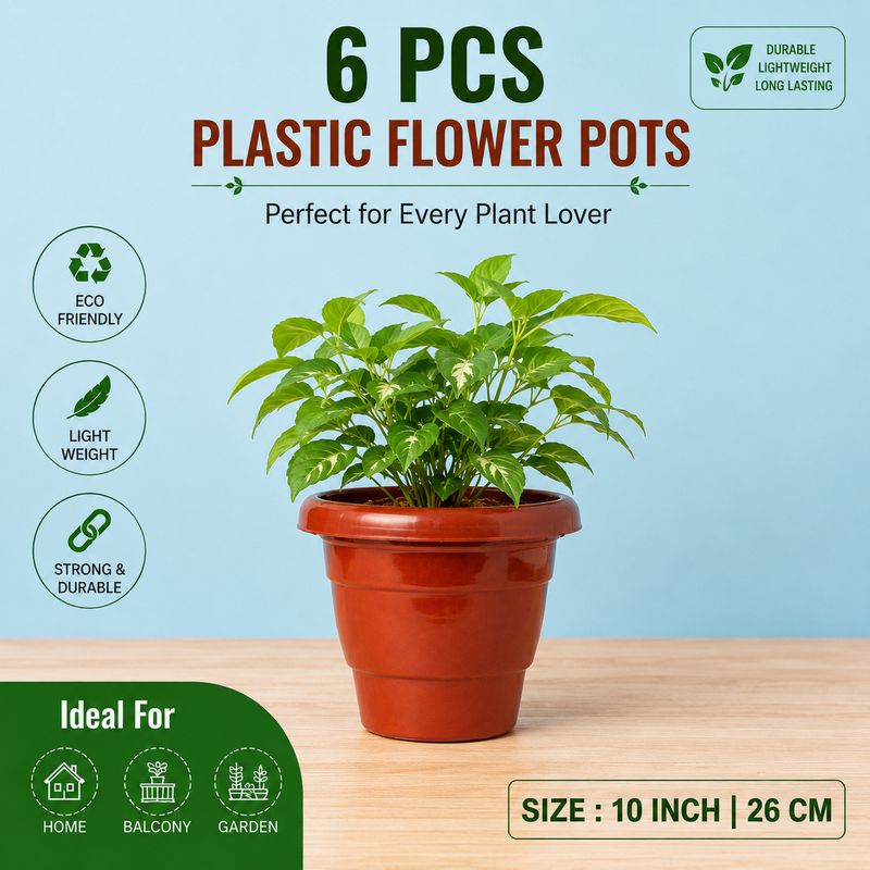Premium 10 Inch Plastic Flower Pot Set of 6 for Home & Garden Plants Plant Container Set - Image 6