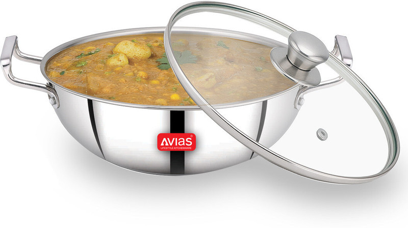AVIAS AVI3 Triply Kadai with Glass lid Kadhai 26 cm diameter with Lid 3.25 L capacity Triply, Stainless Steel, Induction Bottom