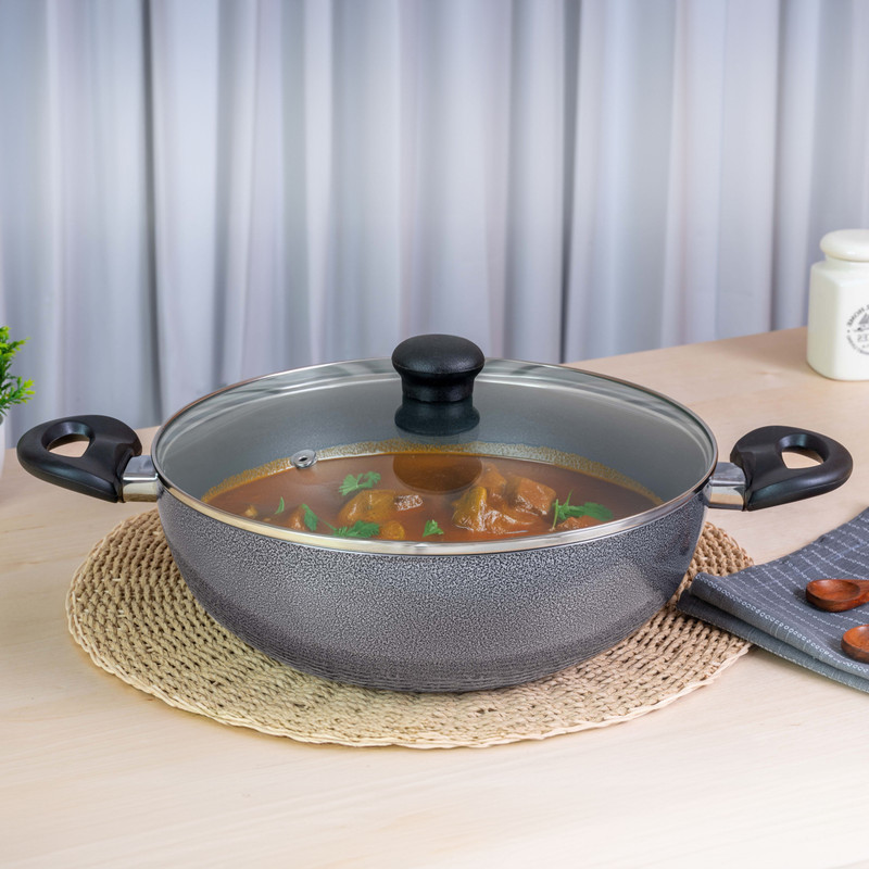 Kreme glass Kadhai 28 cm diameter with Lid 4.5 L capacity Aluminium, Non-stick, Induction Bottom