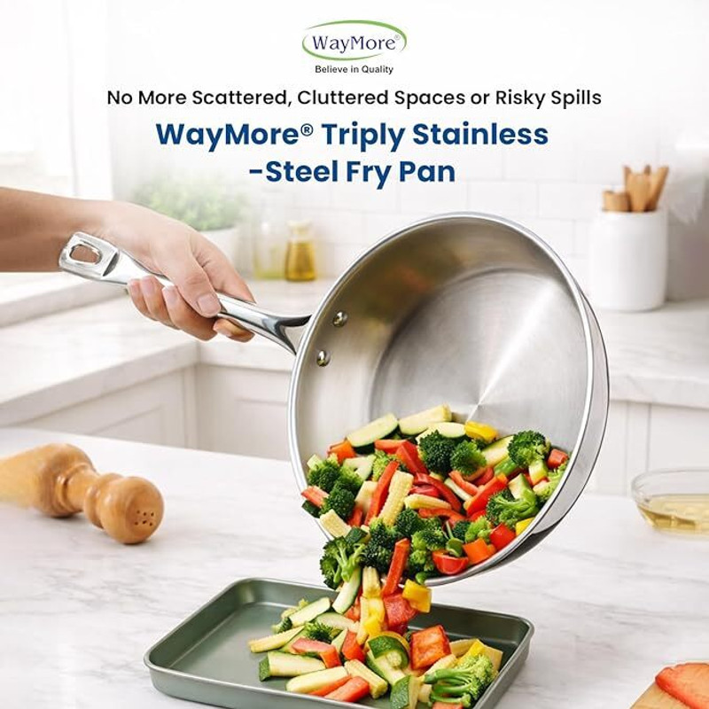 WAYMORE Triply Frying Pan|100% Toxin-Free,No Chemical Coating Fry Pan 24 cm diameter with Lid 1.7 L capacity Triply, Induction Bottom