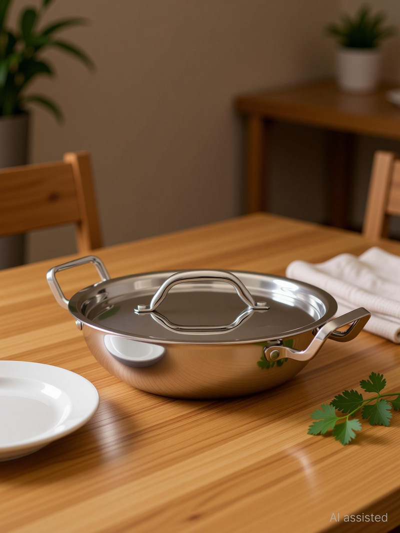 BLAL Triply Kadhai with Steel Lid - Stainless Steel Kadhai 26 cm diameter with Lid 3.3 L capacity Triply, Induction Bottom