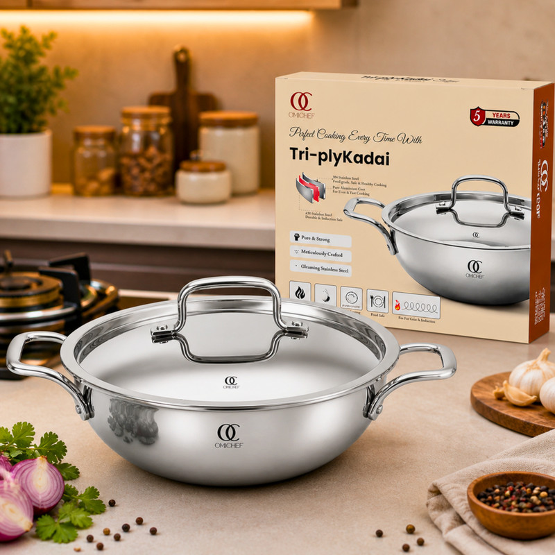 Omichef Triply Stainless Steel Kadhai 24CM(2.8Ltr) Induction Compatible Kadhai 24 cm diameter with Lid 2.8 L capacity Triply, Induction Bottom