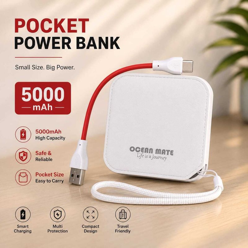 OCEAN MATE 5000 mAh 8W Mini White Power Bank - Image 3