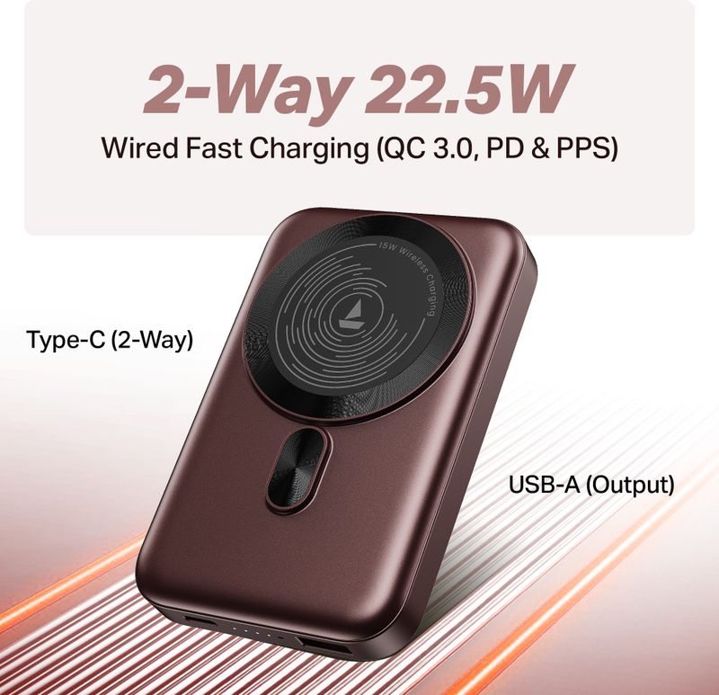 boAt 10000 mAh 22.5W Wireless Power Bank (Wine Red) - Image 4