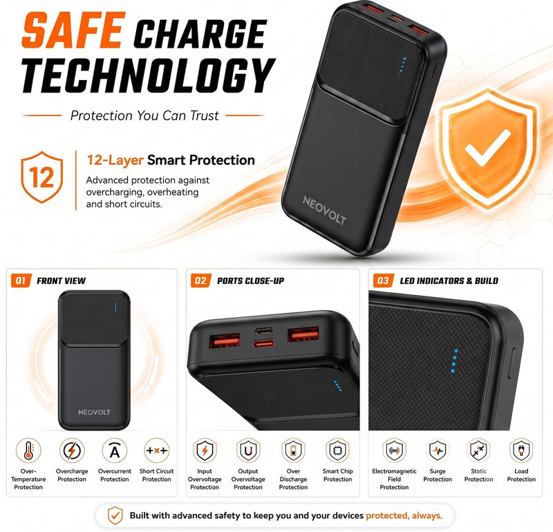 NEOVOLT 20000 mAh 22.2W Slim Power Bank (Black) - Image 4