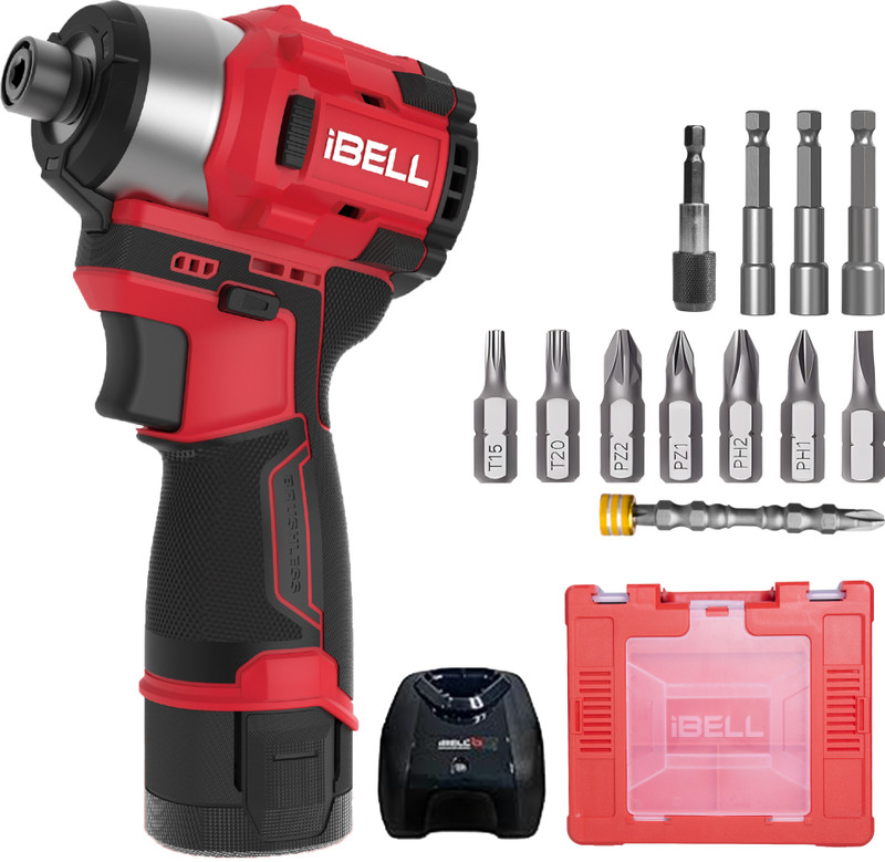 iBELL IBL BD12-19 12V Brushless Cordless Impact Screwdriver, 185Nm Torque, 0–3300 RPM, 2-Speed,Forward & Reverse, 1/4" Hex (6.35mm),Self-Tapping Mode,