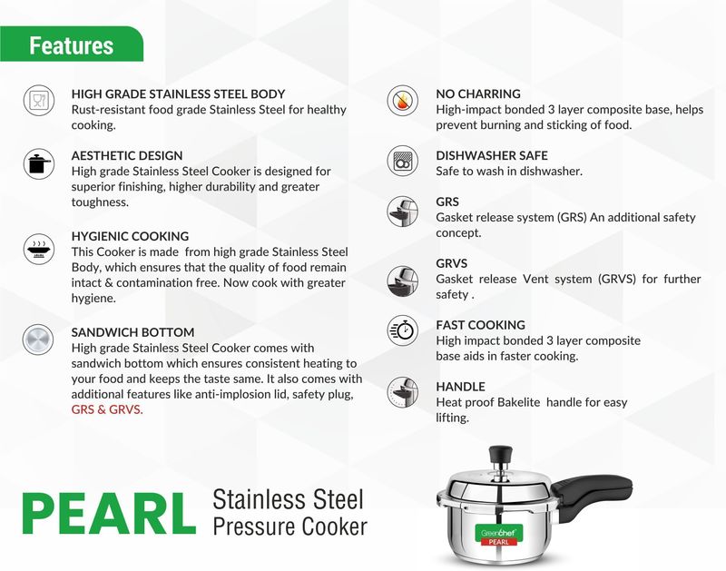 Greenchef Pearl 2L Induction Bottom Pressure Cooker, Stainless Steel, - Image 4