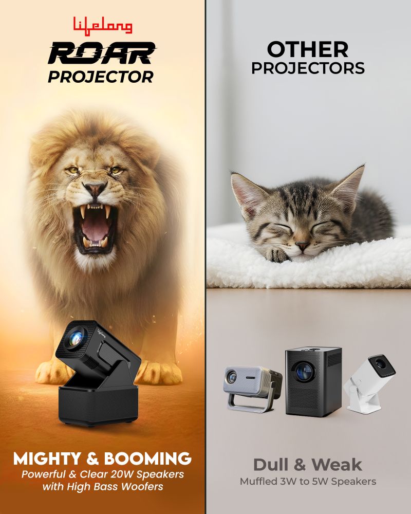 Lifelong ROAR Projector with 2 Mics, 20W Speakers, 1080P & 4K Support, 4000 Lumens & OTT (4500 lm / 1 Speaker / Wireless / Remote Controller) Portable Projector (Black) - Image 5