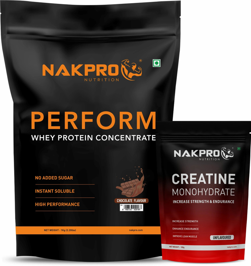 Nakpro Perform Whey Protein Concentrate with Creatine Monohydrate | 100g Creatine + Whey Protein (1.1 kg, Chocolate + Unflavored)