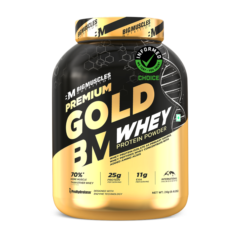 BIGMUSCLES NUTRITION Premium Gold Whey | 25g Protein Per Serving, 0g Sugar,5.5g BCAA Whey Protein (2 kg, Chocolate Brownie)