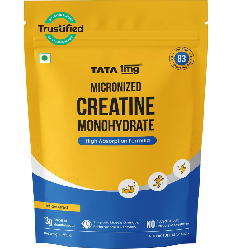 TATA 1mg Monohydrate 2X Micronized Zero Calories Fast Absorption Creatine 250 g, Unflavored