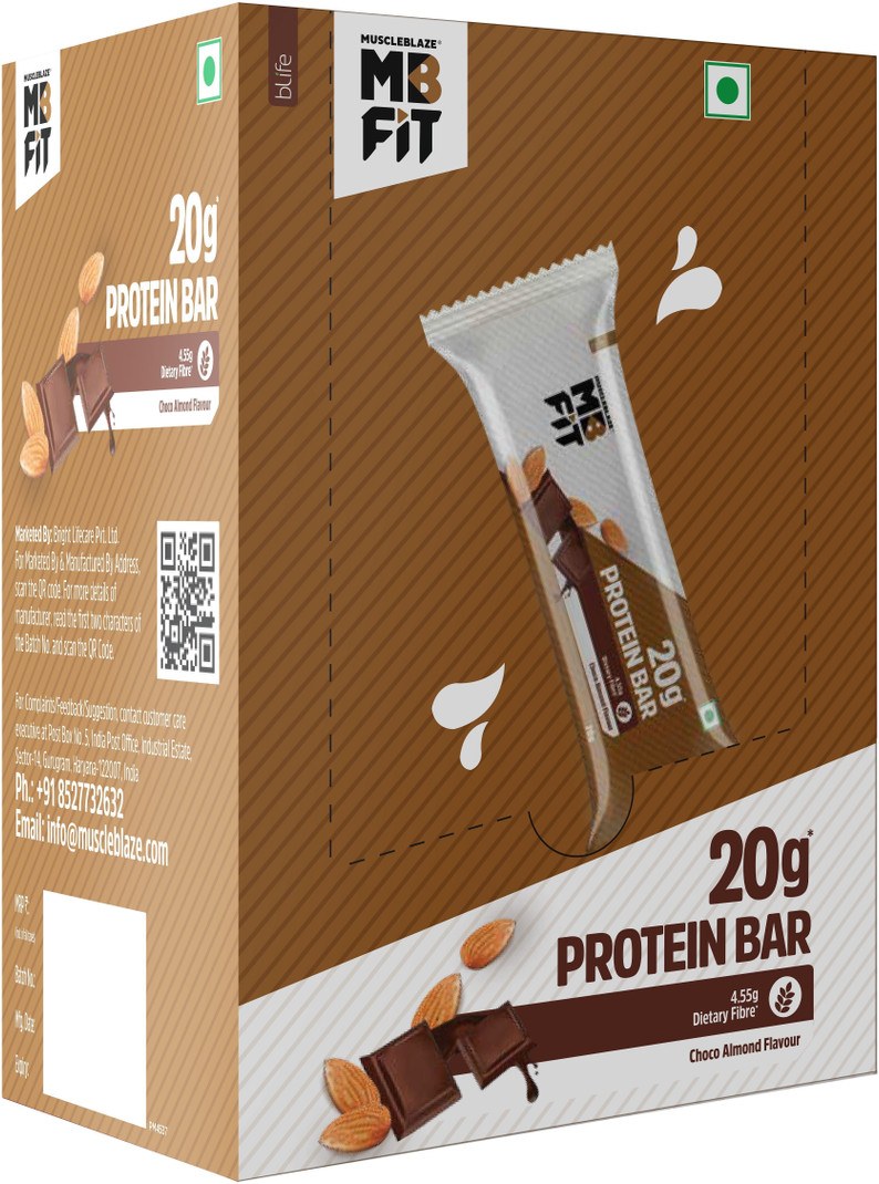 MUSCLEBLAZE 20 g Protein Bar, Gluten-Free, Healthy Protein Snacks, For Energy & Fitness Protein Bars 6 No, Choco Almond
