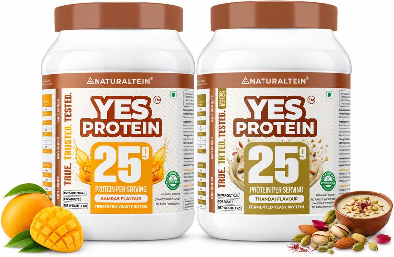 NATURALTEIN Fermented Yeast Protein Powder | 25g Protein Per Scoop | Vegan Plant Protein Plant-Based Protein (2 kg, Thandai, Aamras)