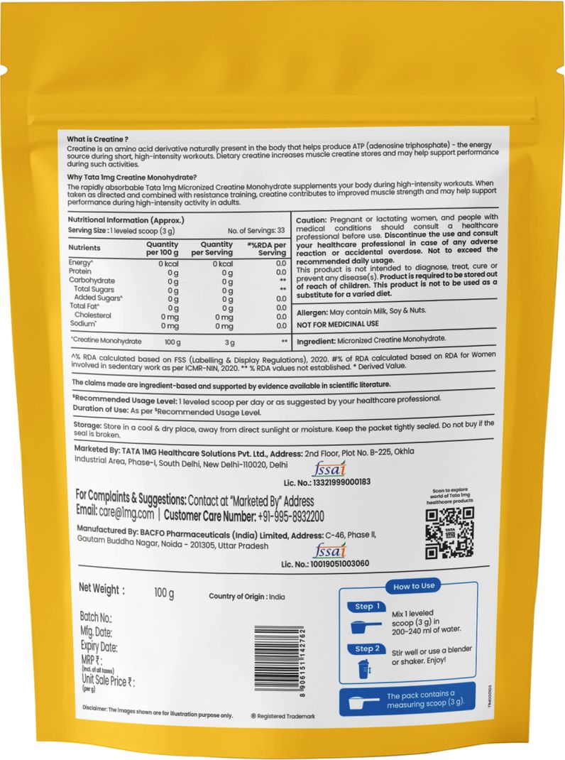 TATA 1mg Monohydrate 2X Micronized Zero Calories Fast Absorption Creatine (100 g, Unflavored) - Image 4