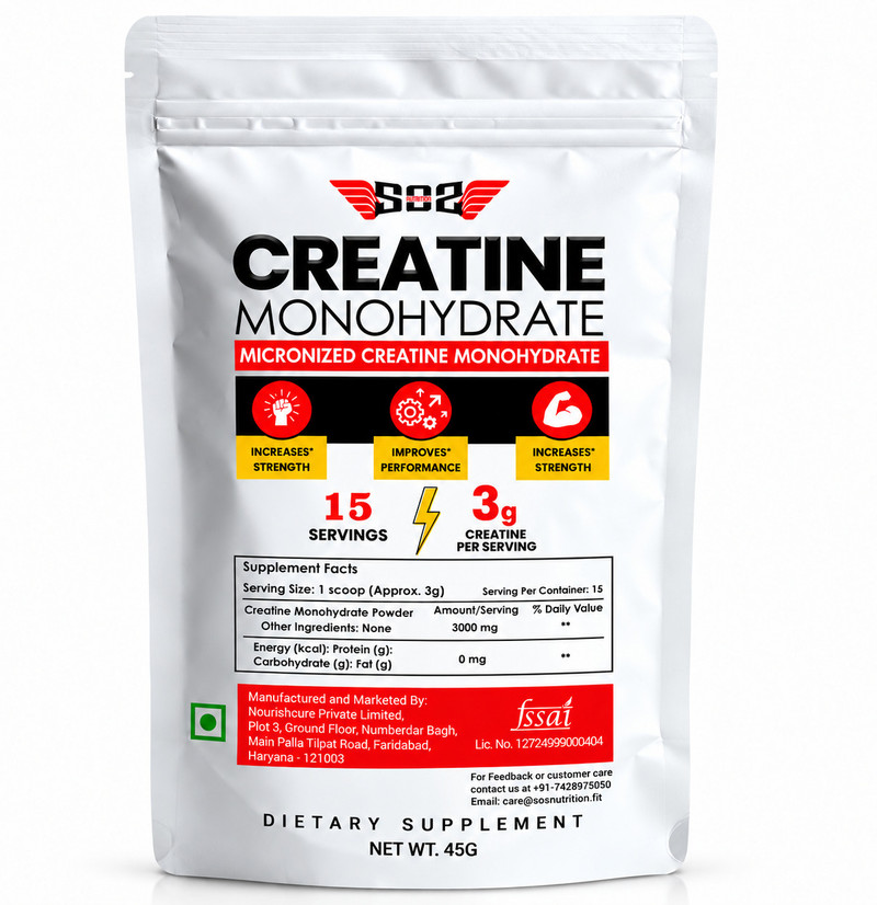 SOS Nutrition Creatine Monohydrate Supplement for Muscle Growth, 100% Pure Micronised Creatine (45 g, Unflavoured)