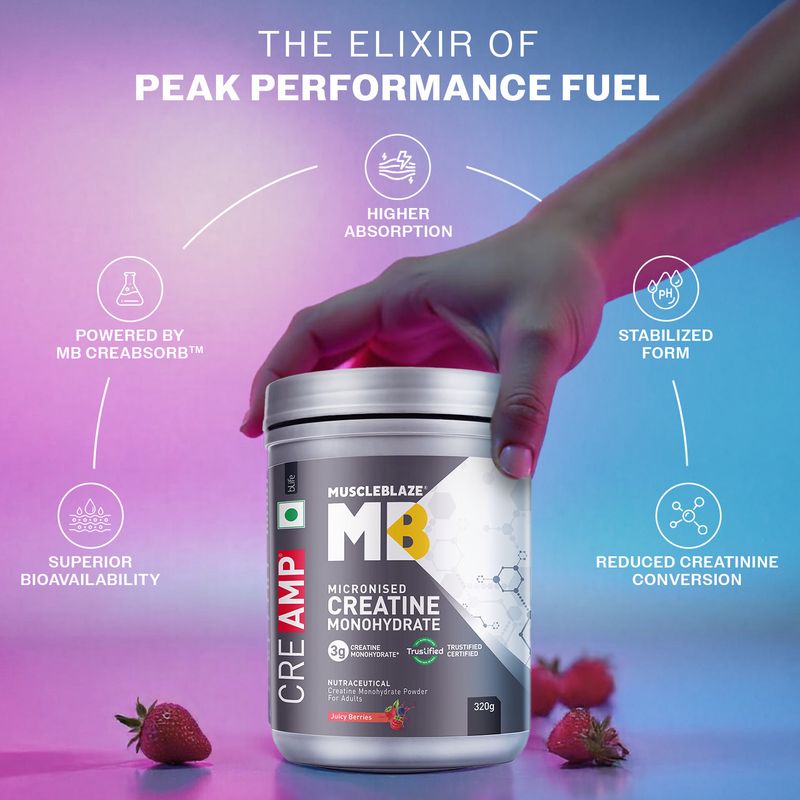 MUSCLEBLAZE Micronised Creatine Monohydrate CreAMP, Trustified Certified & Gym Steel Shaker Creatine (320 g, Juicy Berries) - Image 6