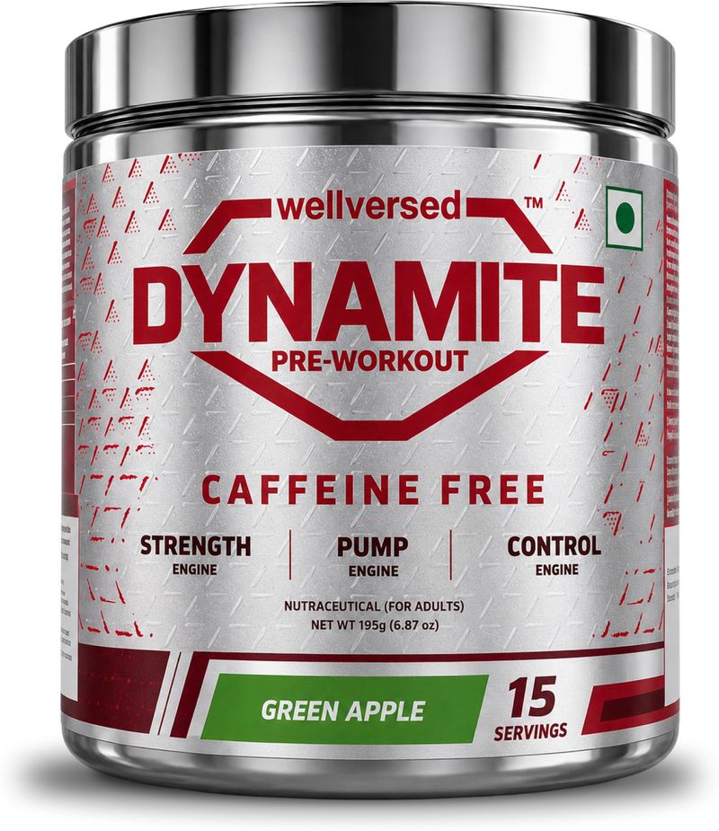 Wellversed Dynamite Pre-Workout Caffeine Free 15 Servings | For Late Evening & Night Workouts Pre Workout (195 g, Green Apple)