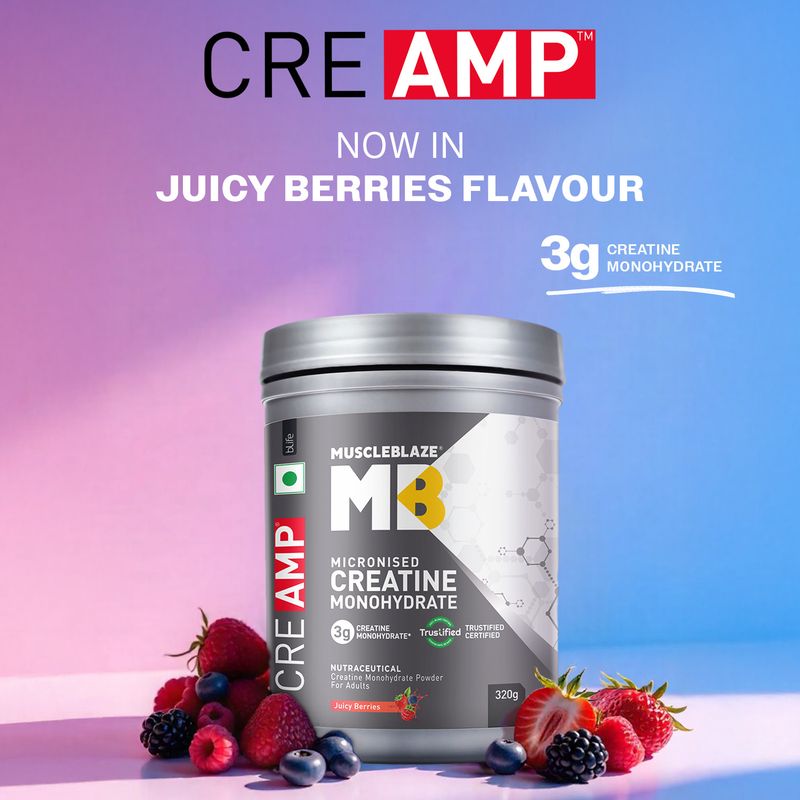 MUSCLEBLAZE Micronised Creatine Monohydrate CreAMP, Trustified Certified & Gym Steel Shaker Creatine (320 g, Juicy Berries) - Image 5
