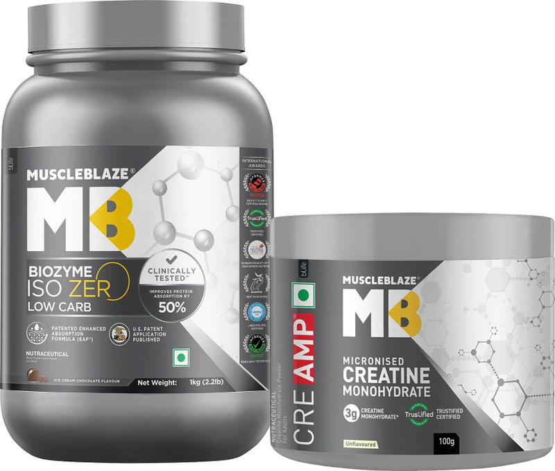 MUSCLEBLAZE Biozyme Iso-Zero, Low Carb Isolate & Creatine, 100 g Whey Protein (1 kg, Rich Chocolate, Unflavoured)