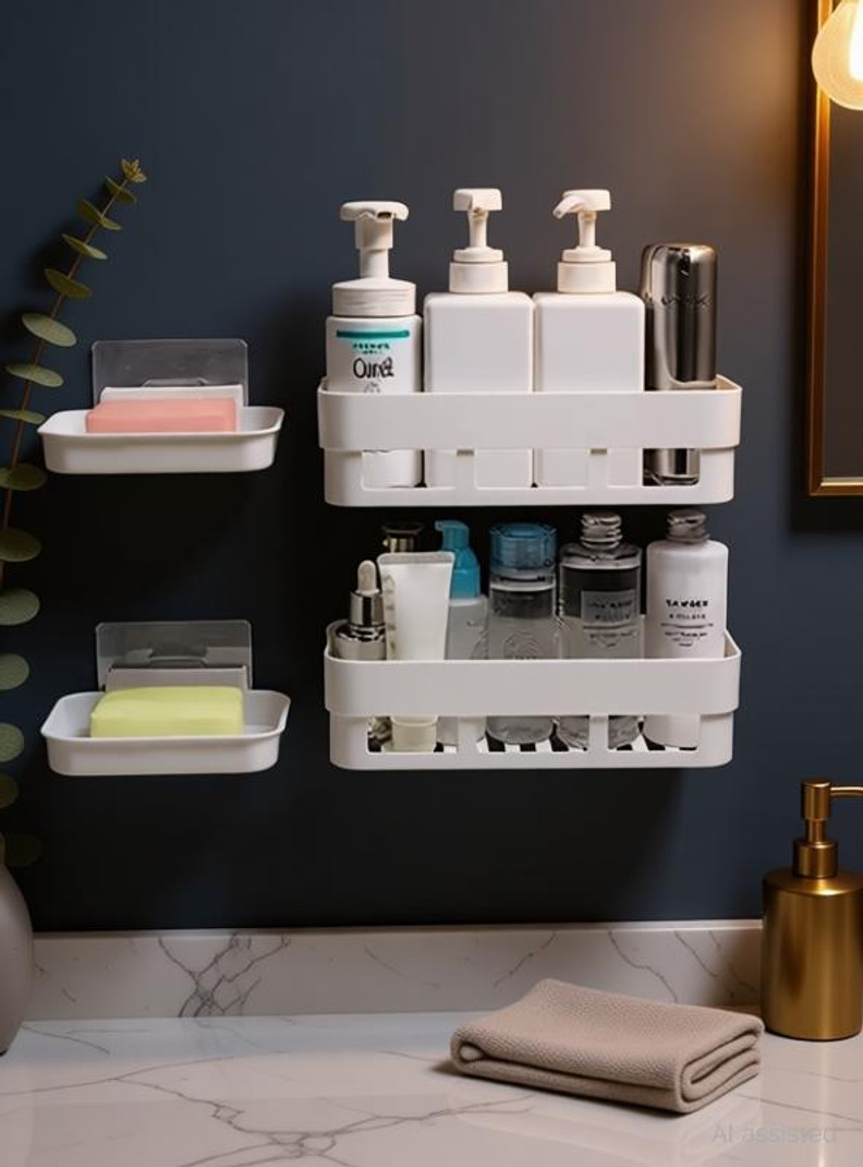 PYORIT Multipurpose Wall Mounted Bathroom Storage Shelf Organizer Plastic 2 Soap dish Plastic Wall Shelf Number of Shelves - 4, White