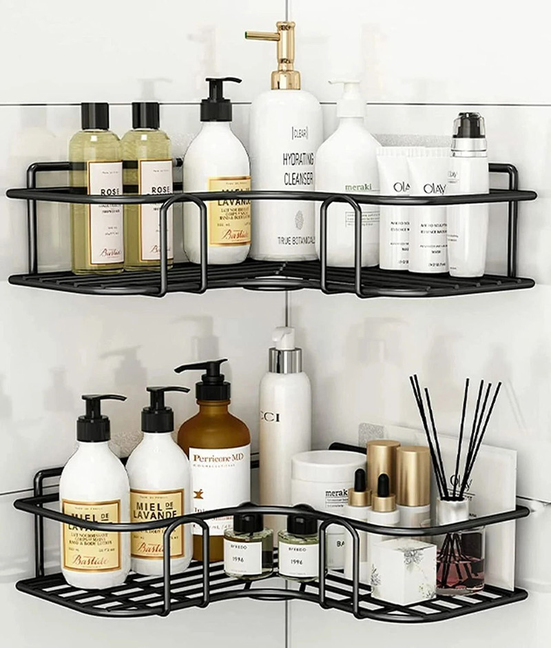 Frap Sticker Mounted 2-Tier Iron Bathroom Corner Shelf Rack Organizer – Black Iron Wall Shelf Number of Shelves - 2, Black