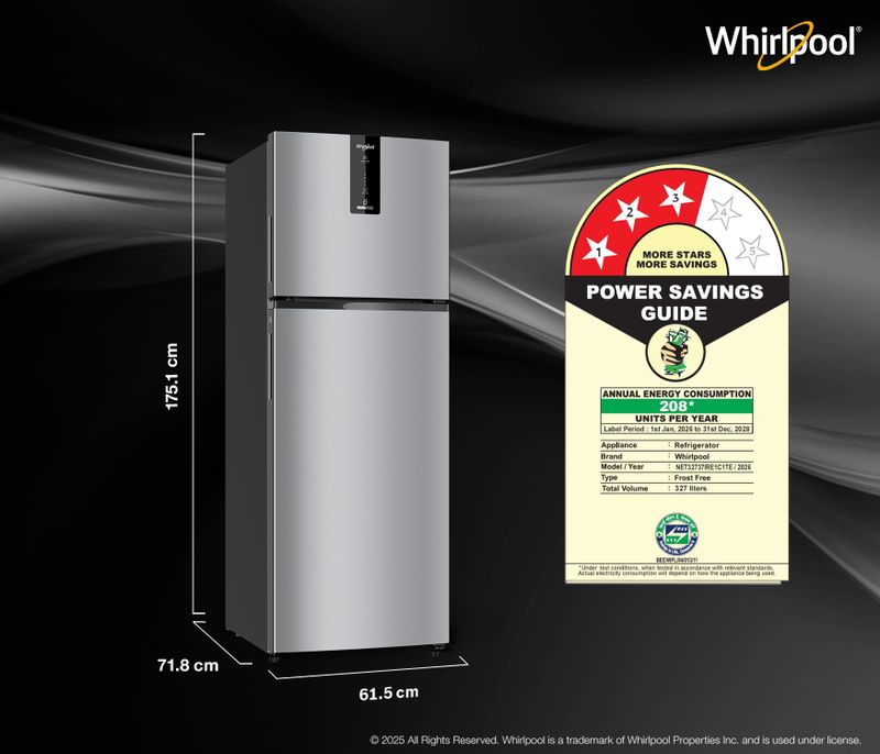 Whirlpool 327 L Frost Free Double Door 3 Star Refrigerator - Image 3