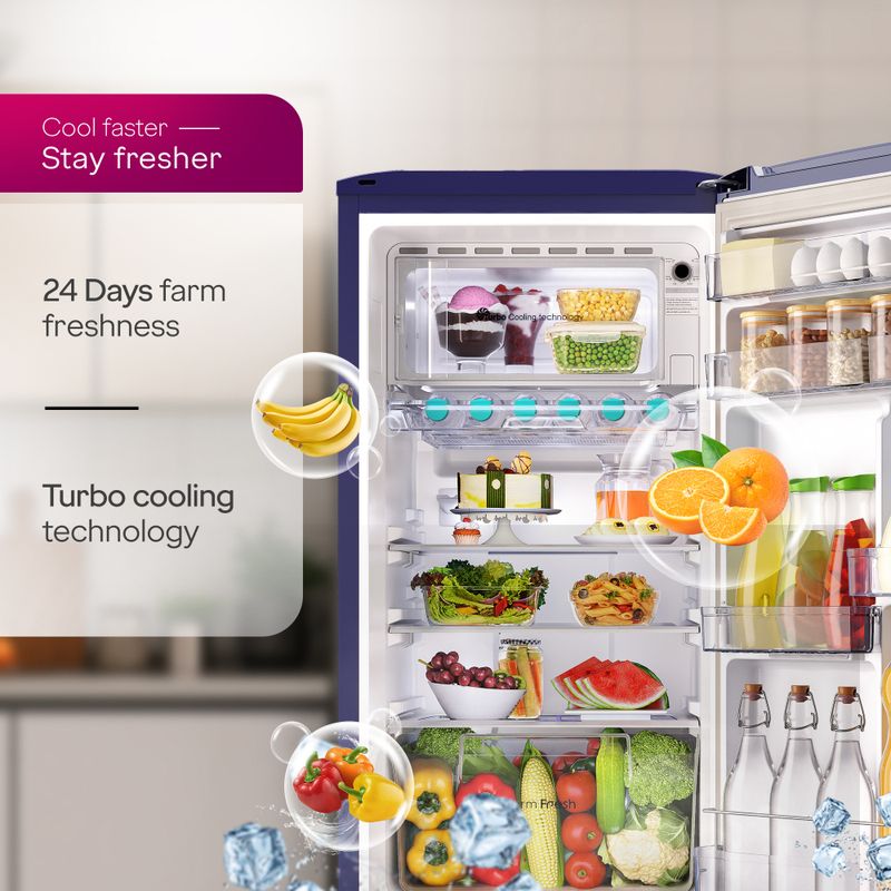 Godrej 183 L Direct Cool Single Door 3 Star Refrigerator with 24 Days Farm Freshness 20L Jumbo Vegetable Tray Toughened Glass Shelves 2.5L Bottle Space (Floral Blue, RD R190CN THF FR BL) - Image 5