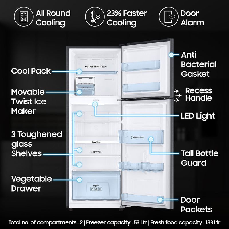 Samsung 236 L Frost Free Double Door 3 Star Convertible Refrigerator with Digital Inverter and Display (Black DOI, RT28C3733B1/HL) - Image 5
