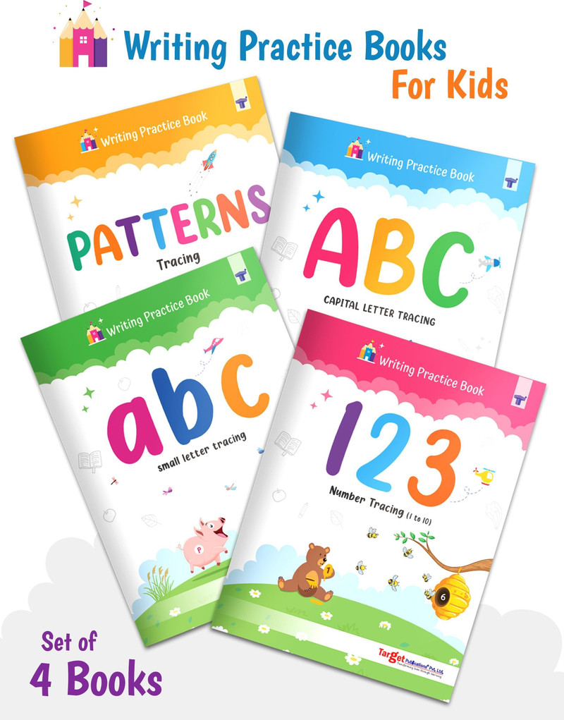 Writing Practice Books For Kids | ABC Capital Letters, Small Letters, Numbers (1 To 10), Line Tracing Pattern | Pack Of 4 Books Paperback, Target Publ