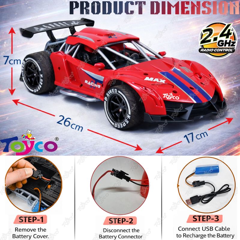 Toyco 2.4GHz Spray Runner Drift Rc Racing with Smoke Remote Control Car for Kids (Red) - Image 3