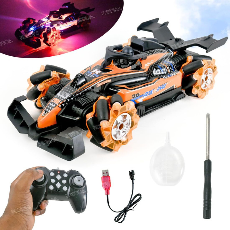 VikriDa RC Stunt Car for Kids|Double Smoke with LED Lights|360° Rotation 2.4Ghz (Orange, Black)