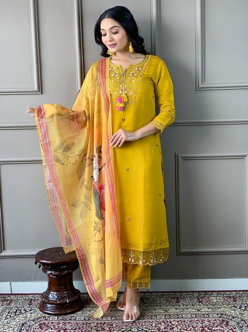 arhamsilkmills embroidered kurta, trouser/pant & dupatta set