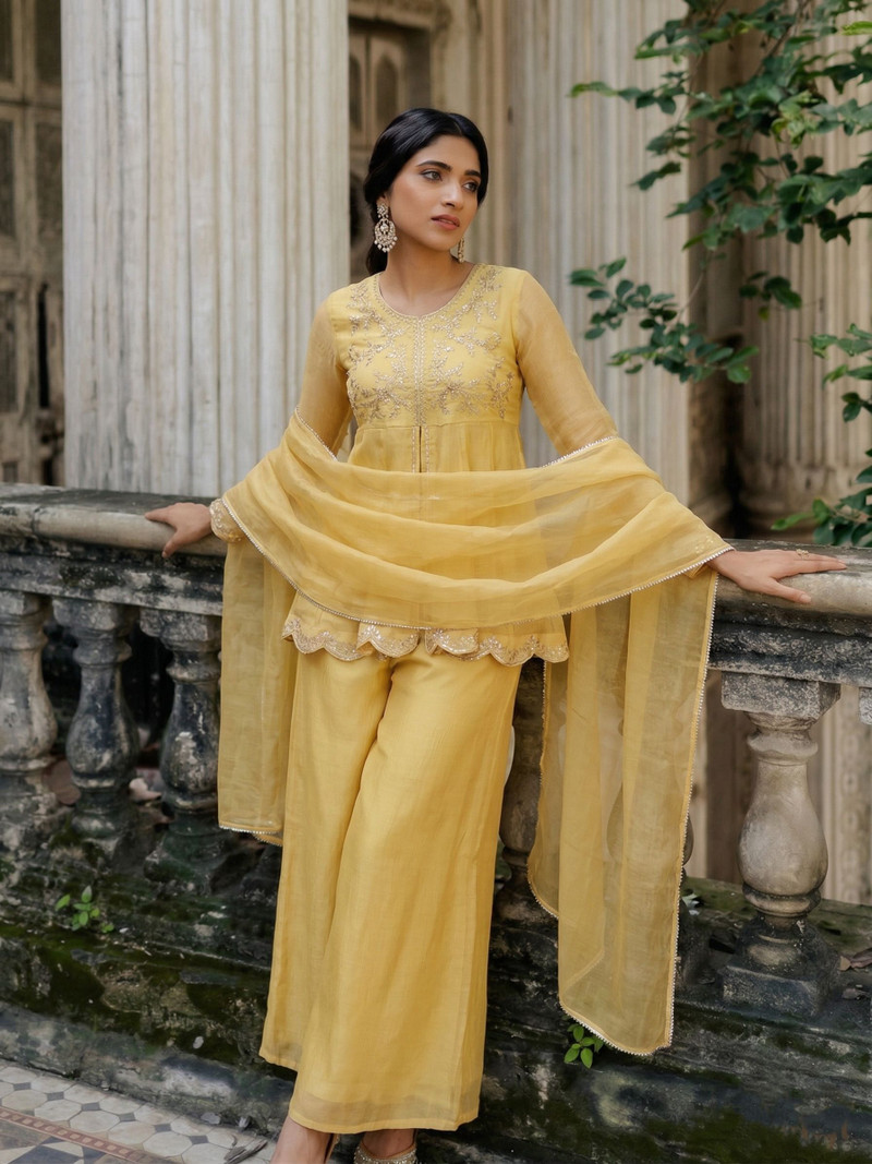 RUTABO Nirja Embroidered Kurta, Sharara & Dupatta Set