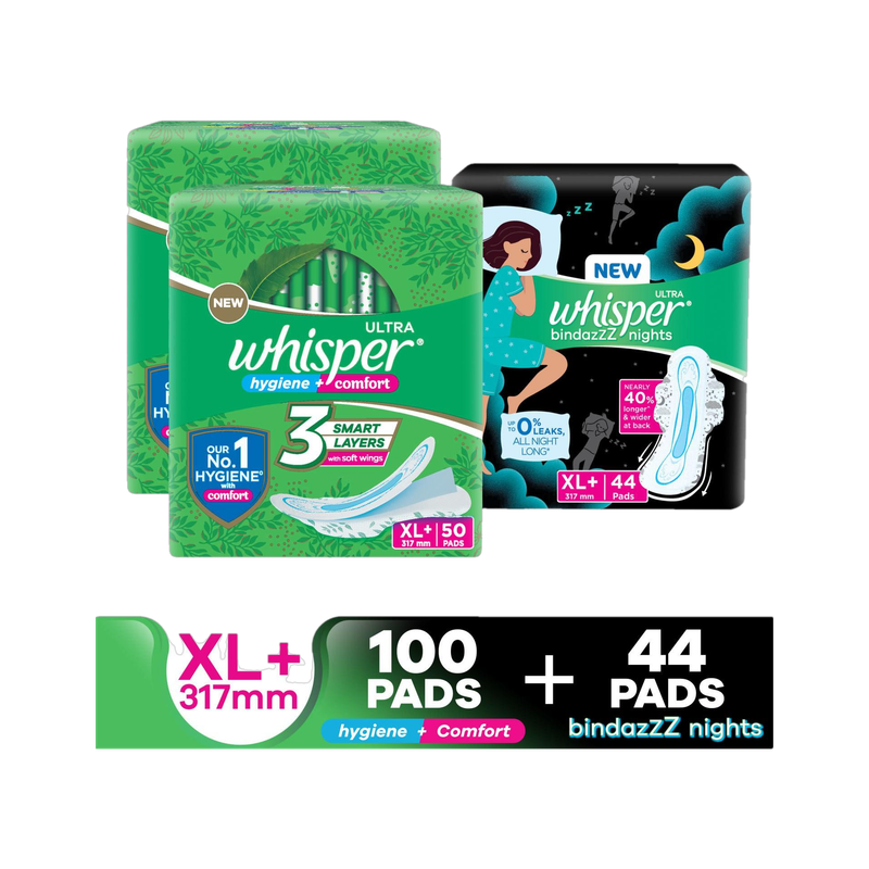 Whisper Combo of Ultra Clean and Bindazz Nights XL+ for Women Sanitary Pad Pack of 144