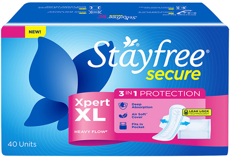 STAYFREE Secure Xpert XL | Longer & Wider Pads for Heavy Flow Sanitary Pad Pack of 40