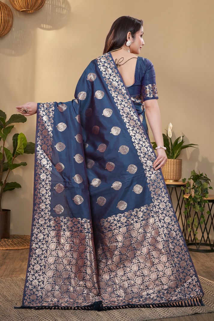 NENCY FASHION Woven Banarasi Pure Silk Saree (Dark Blue) - Image 4