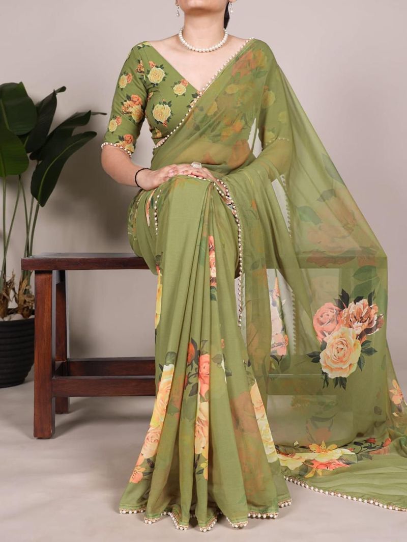 OM Fashion Floral Print Bollywood Georgette Saree (Green) - Image 2