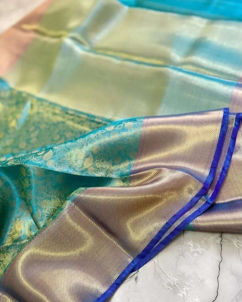 Mkfabrics Woven Banarasi Tissue Saree Green - Image 6