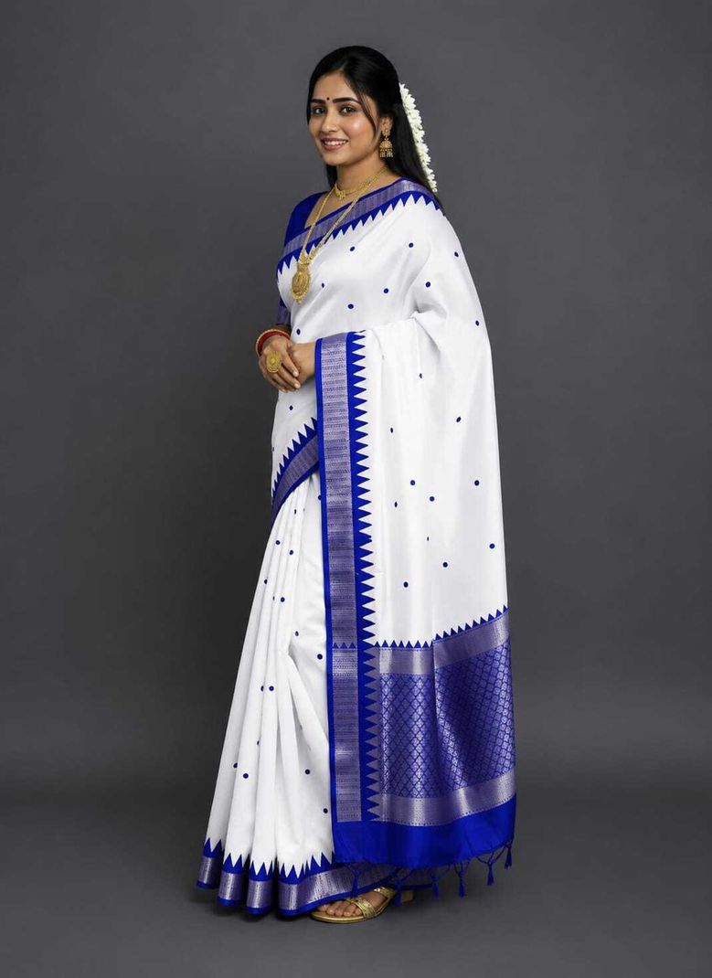 Sairi Temple Border Woven Sambalpuri Art Silk Saree (White) - Image 4