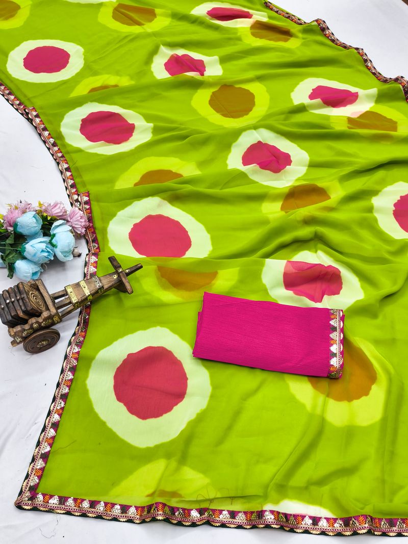 ASTEYAM Polka Print Georgette Saree (Light Green) - Image 3