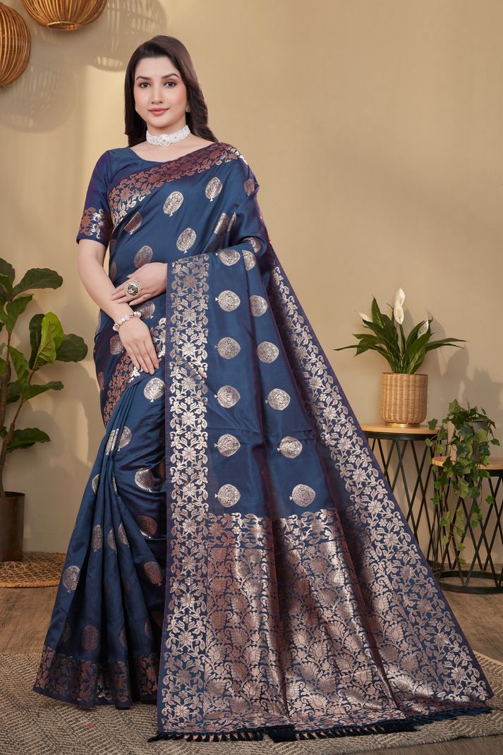 NENCY FASHION Woven Banarasi Pure Silk Saree (Dark Blue) - Image 2