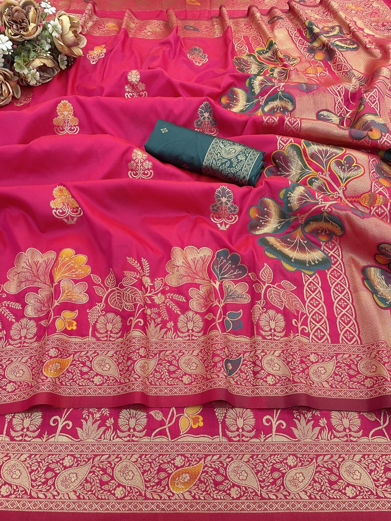 KanjiQueen Floral Print Banarasi Silk Saree - Image 4
