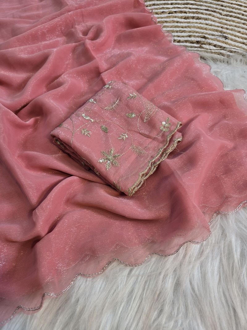 AMIYASILKMILLS Embroidered Bollywood Organza Saree (Pink) - Image 6