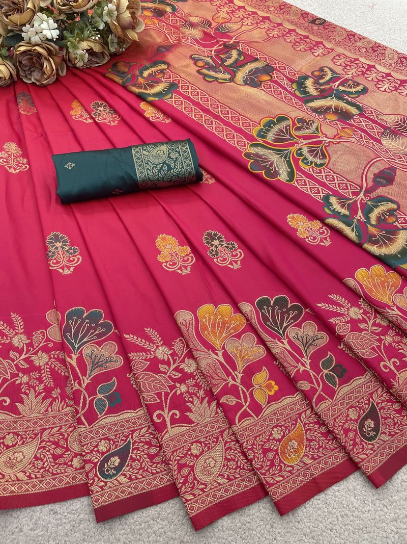 KanjiQueen Floral Print Banarasi Silk Saree - Image 5